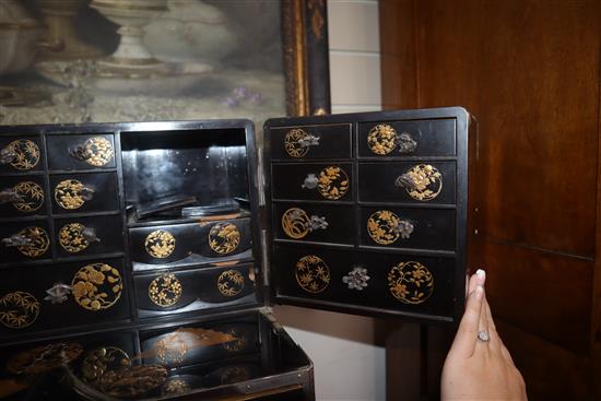 A good Japanese silver mounted gold lacquered table cabinet, Meiji period, H. 53cm, W. 43cm, minor faults